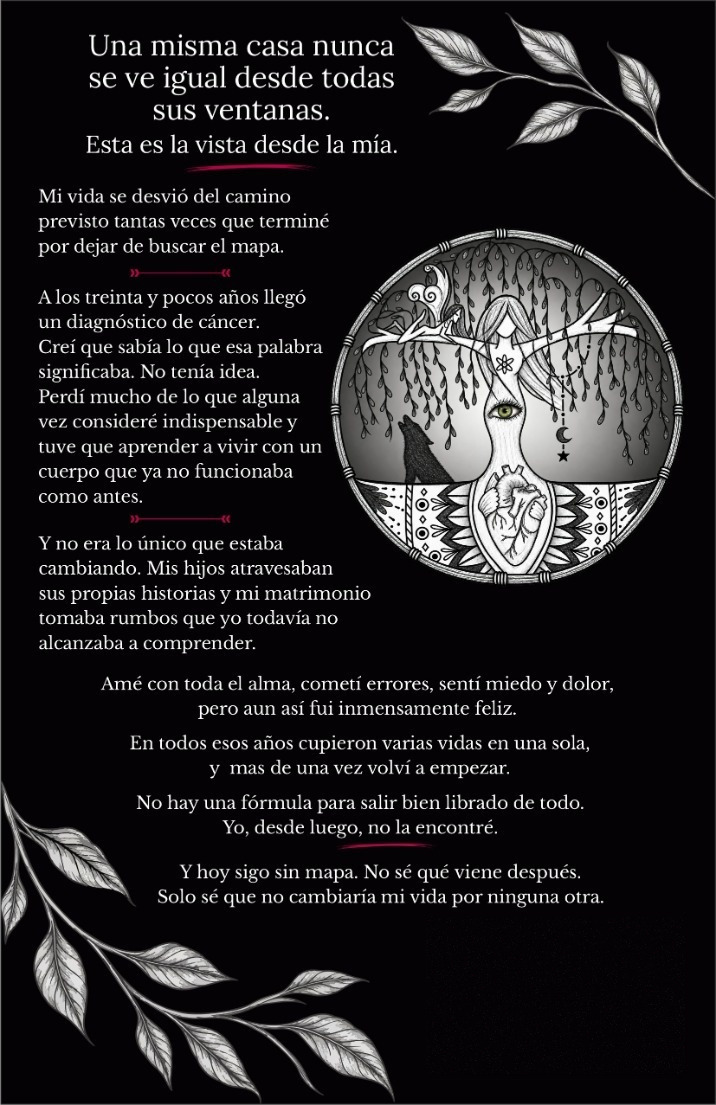 Contraportada completa de ¡Vive, Caraja Madre!, con la ilustración circular y la sinopsis original, transcrita al lado o debajo